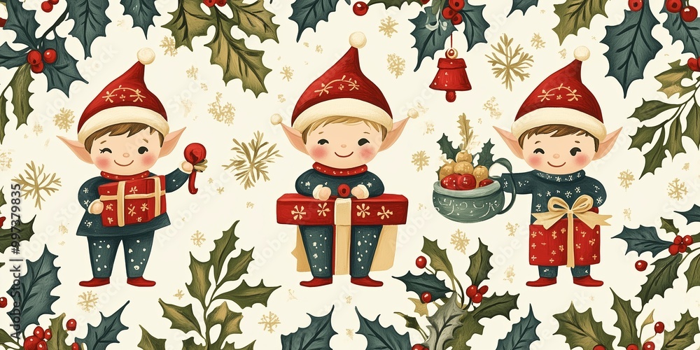 Fototapeta premium A charming holiday-themed illustration featuring three adorable elves dressed in red winter hats and cozy scarves, holding gifts and books. 