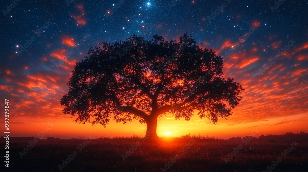 Fototapeta premium A tree stands in the center of a field, with a stunning sunset in the background.