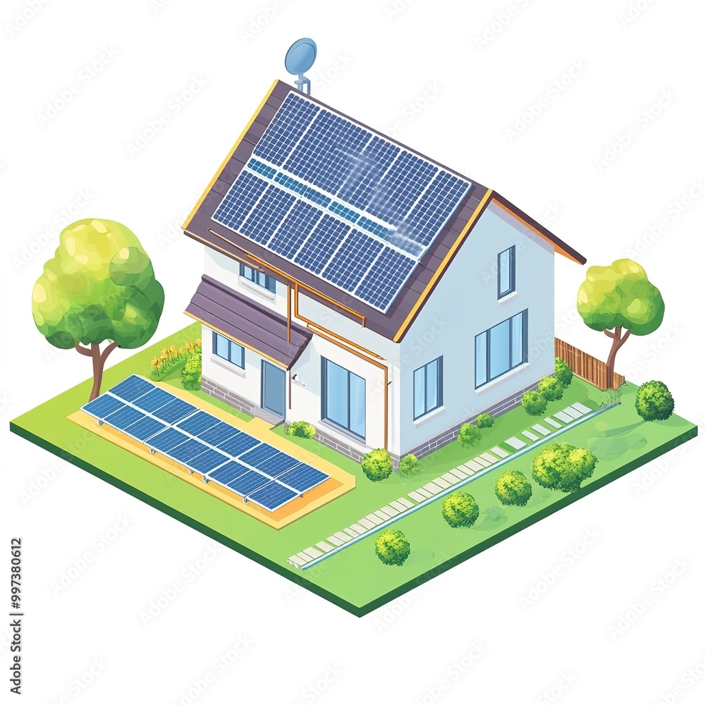 Isometric diagram of a solar cell system for a house on isolated white background Isometric diagram of a solar cell system for a house on isolated white background