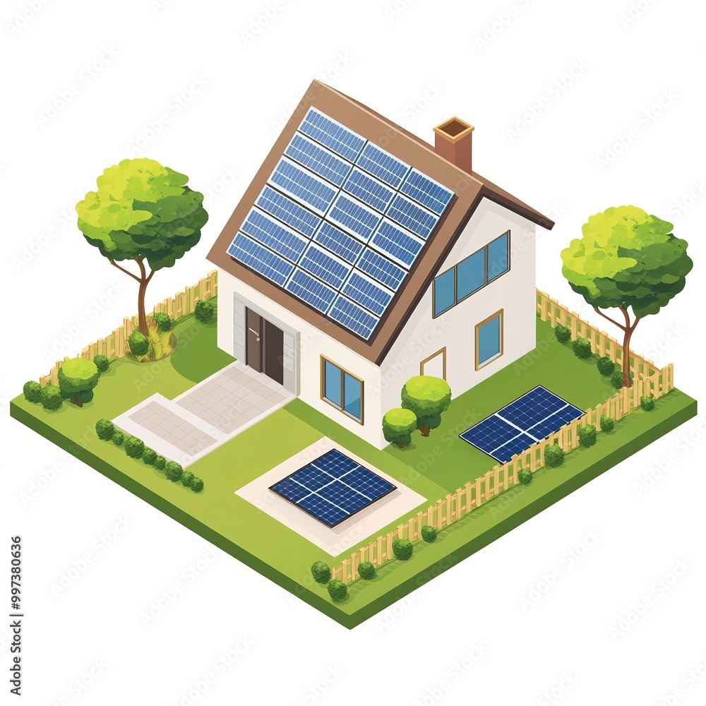 Isometric diagram of a solar cell system for a house on isolated white background Isometric diagram of a solar cell system for a house on isolated white background