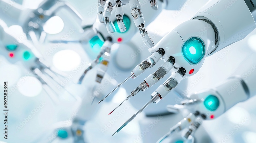 Robotic hands with blue accents on a blurred background. Robotic hands with blue accents on a blurred background.