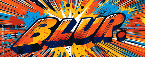 Energetic pop art background featuring "BLUR." Dynamic visuals, Comic book style, Bright vector
