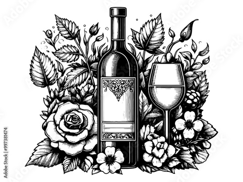 Wine bottle and glass with intricate grapevine patterns. Vector, generative ai.