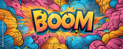 Abstract pop pop art background with "BOOM" inside. Explosion theme, Dynamic graphics, Vibrant vector