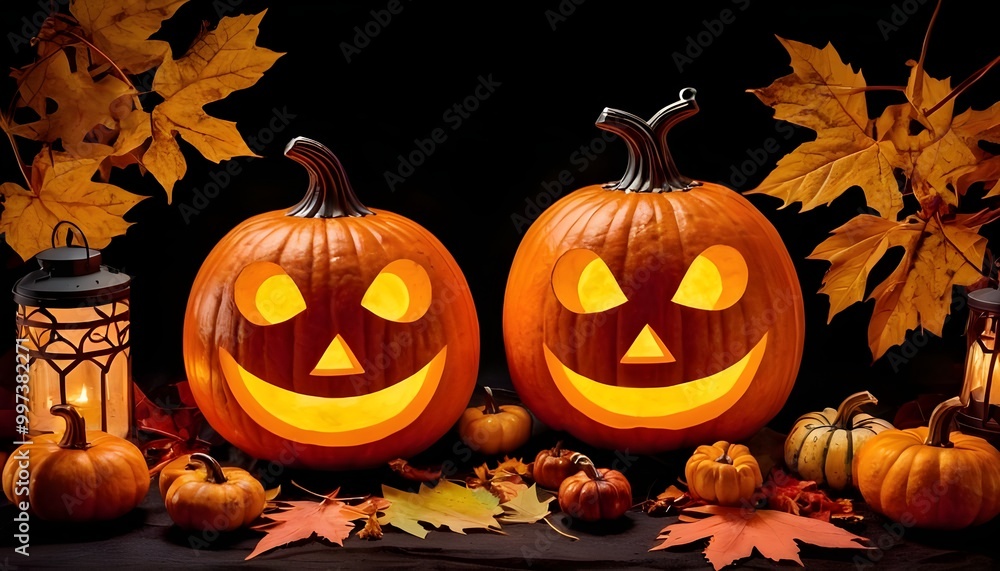 Fototapeta premium Decorative Halloween pumpkins with carved faces, autumn leaves, and a lantern