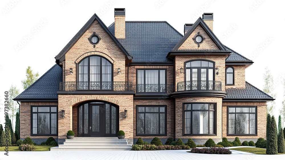Front view of a luxury brickwall house isolated on a white background Front view of a luxury brickwall house isolated on a white background