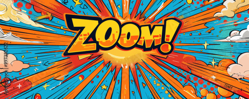 Eye-catching pop art background with "ZOOM!" inside. Comic book style, Explosion theme, Colorful vector