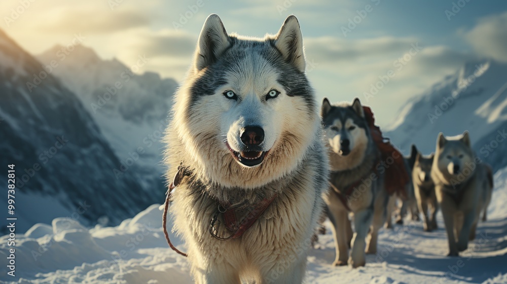Naklejka premium Siberian Husky Sled Dog Team in Snowy Mountain Landscape