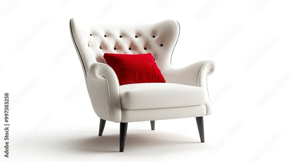 Obraz premium Elegant modern armchair with a red pillow isolated on a white background 