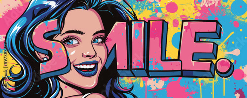 Energetic pop art background featuring "SMILE." Bold graphics, Dynamic visuals, Bright vector