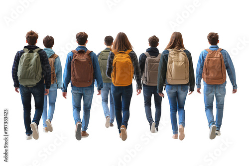 Young students walking together on a sunny day with trees in background.