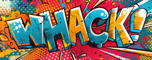 Energetic pop art background featuring "WHACK." Bold patterns, Comic book elements, Bright vector