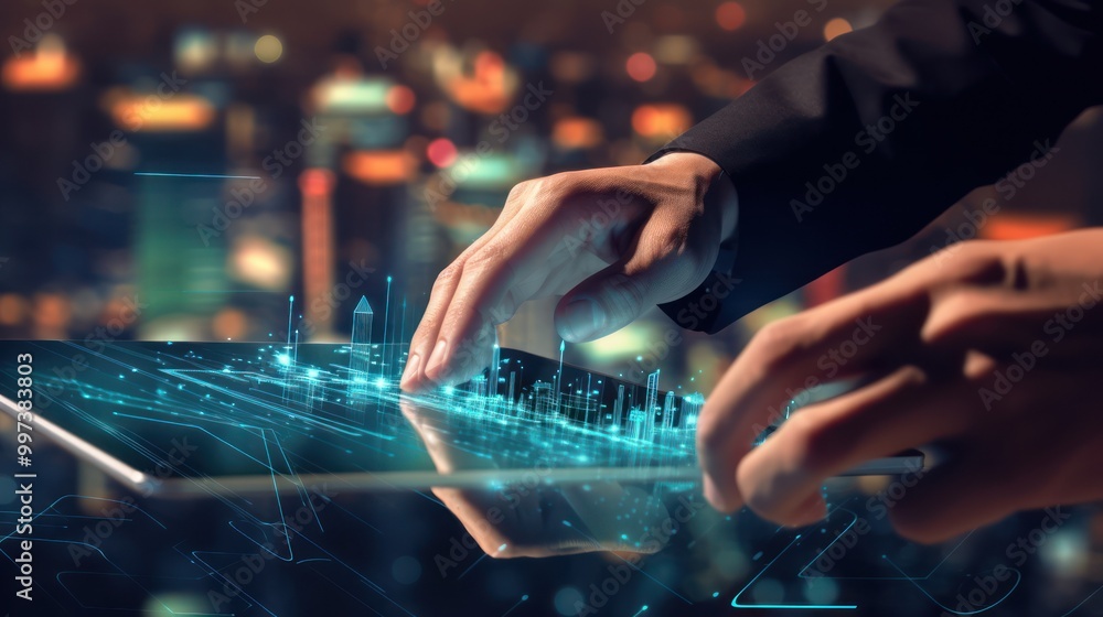 Hands Interacting with a Holographic Cityscape on a Tablet Hands Interacting with a Holographic Cityscape on a Tablet