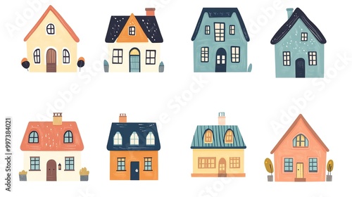 Cute tiny houses. Cartoon small town houses, minimalism city buildings. Isolated on a white background. 