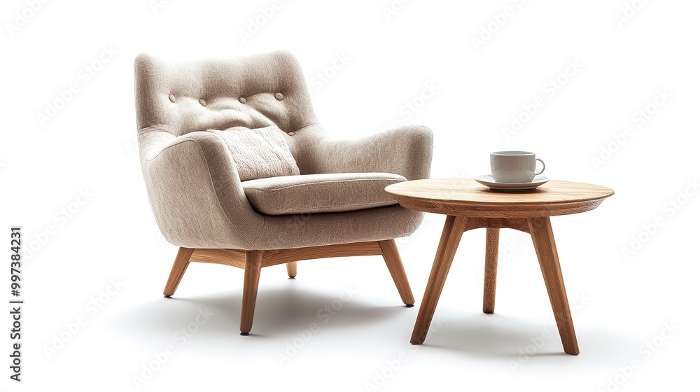 Fototapeta premium Cozy armchair and coffee table isolated on white background 