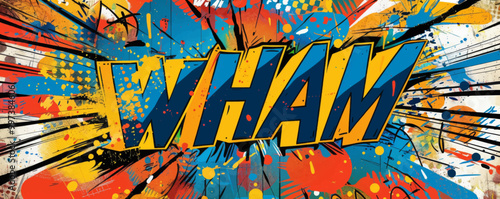 Abstract pop art background with "WHAM" inside. Explosion theme, Dynamic graphics, Vibrant vector