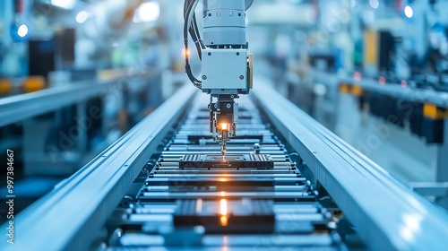 Wallpaper Mural A robotic arm operates on a conveyor in a modern factory, showcasing advanced automation technology in a manufacturing environment. Torontodigital.ca