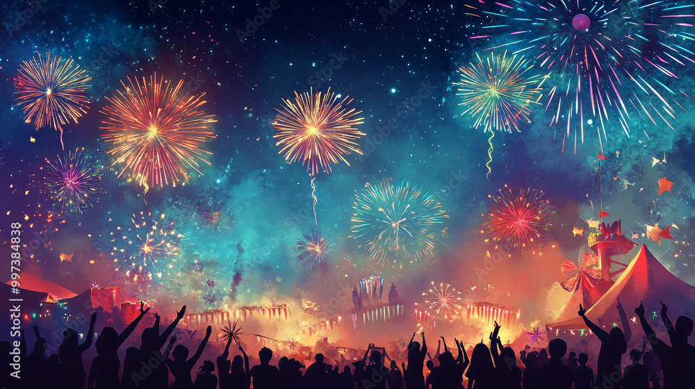 An illustration of a festive celebration with fireworks and joyful crowds in a night sky setting. An illustration of a festive celebration with fireworks and joyful crowds in a night sky setting.