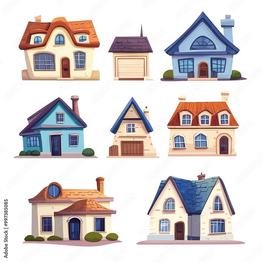 Fototapeta premium cartoon house, residential suburban cottage, and country houses isolated on white background. Cartoon private house isolated on white background 