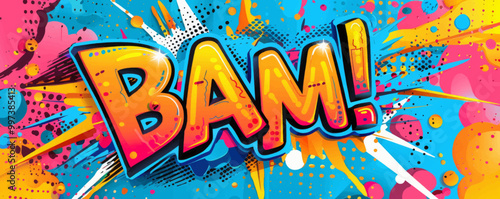 Playful pop art background featuring "BAM!" Dynamic visuals, Bold graphics, Colorful vector
