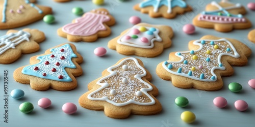 A delightful assortment of Christmas-themed sugar cookies decorated with vibrant icing, showcasing trees, stars, and snowflakes.