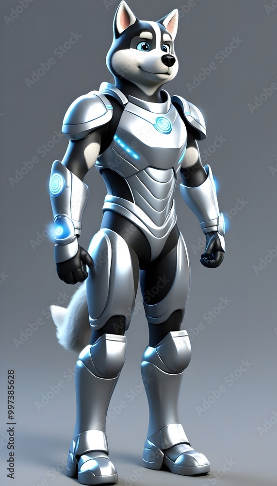 Fototapeta premium modern dog in a futuristic silver suit with an urban vibe