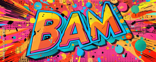 Colorful pop art background with "BAM" inside. Comic book elements, Dynamic visuals, Bright vector