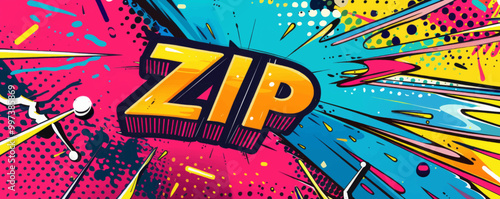 Playful pop art background with "ZIP" text. Dynamic visuals, Bold graphics, Colorful vector