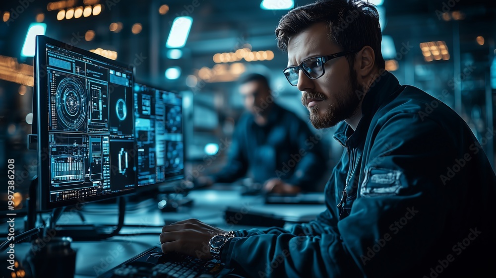 A focused individual in a futuristic room analyzes complex data on multiple screens, exuding a sense of determination and high-tech ambiance. A focused individual in a futuristic room analyzes complex data on multiple screens, exuding a sense of determination and high-tech ambiance.