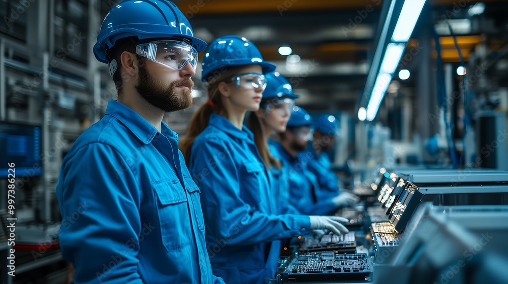 A group of technicians wearing safety gear operates machinery in a modern industrial setting, showcasing teamwork and concentration. A group of technicians wearing safety gear operates machinery in a modern industrial setting, showcasing teamwork and concentration.