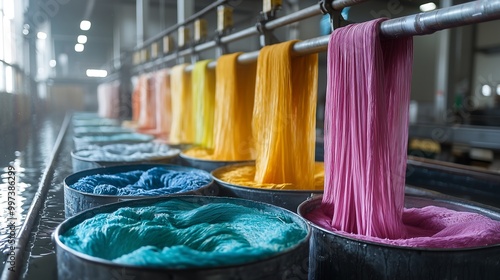 A vibrant scene of colorful dye flowing into containers, showcasing the textile dyeing process in an industrial setting.