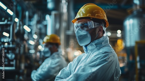 Two industrial workers in protective gear, including helmets and masks, stand in a factory, showcasing safety measures in a manufacturing environment.