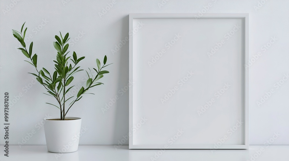 Blank white frame with plant pot isolated mock up on white background Blank white frame with plant pot isolated mock up on white background