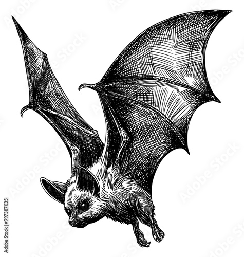 bat flying isolated hand drawn sketch black white line art detailed vector illustration