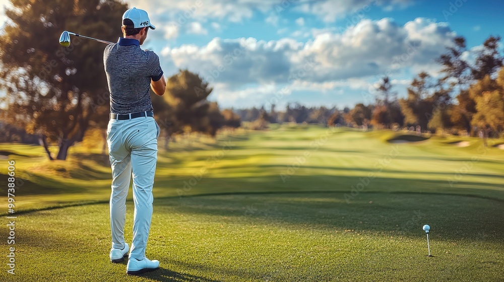 Obraz premium A man is playing golf on a green course