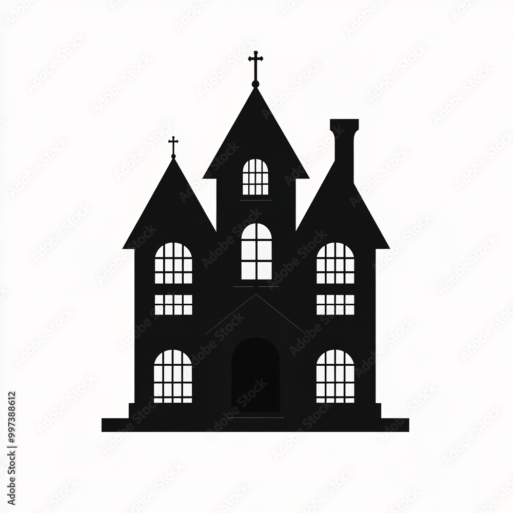 A flat design of a haunted house silhouette, rendered in black with simple window details, isolated on a crisp white background. A flat design of a haunted house silhouette, rendered in black with simple window details, isolated on a crisp white background.