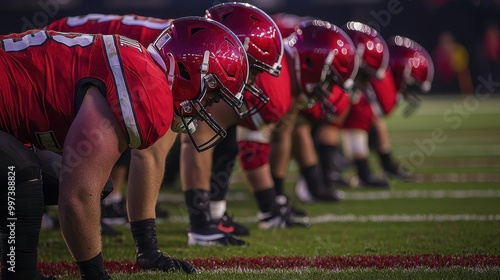 A group of football players are lined up on the field, ready to play photo