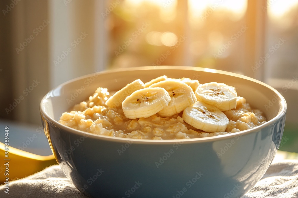 Oatmeal with Banana Slices in a Blue Bowl Oatmeal with Banana Slices in a Blue Bowl