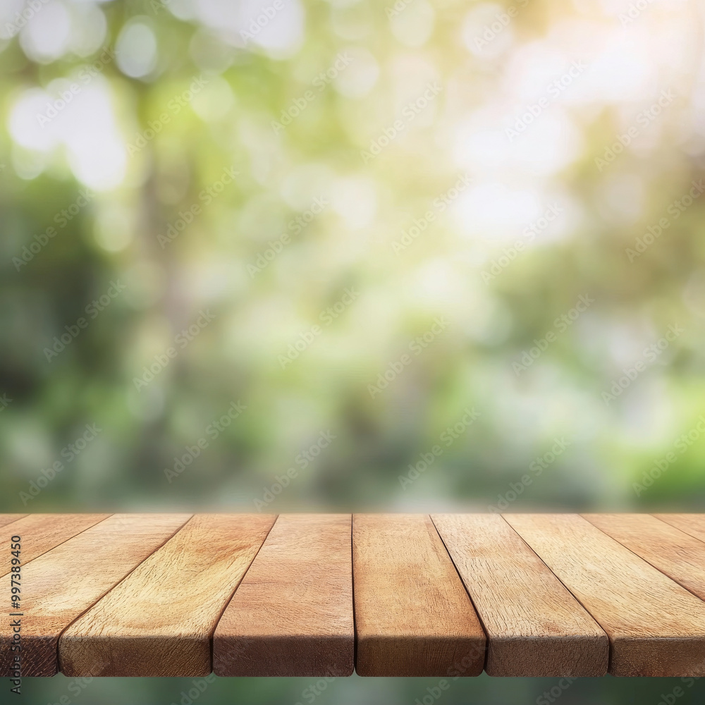 wooden table top is displayed against blurred green background, creating serene and inviting atmosphere perfect for showcasing products or decor wooden table top is displayed against blurred green background, creating serene and inviting atmosphere perfect for showcasing products or decor