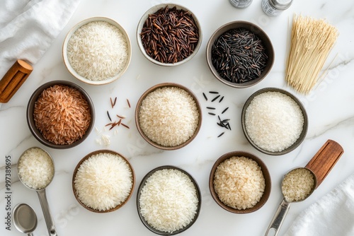 Overhead Shot of Various Rice Varieties in Bowls