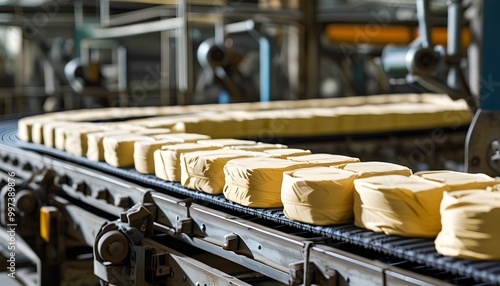 Natural rubber bales moving along an automated conveyor belt in a bustling factory environment photo