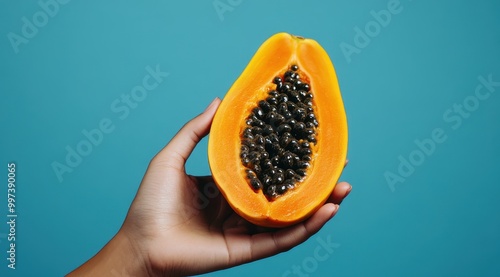 Hand holding an open papaya fruit against a blue background, showcasing the juicy interior and black seeds of one half.  photo