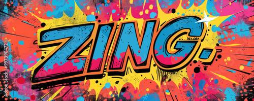 Energetic pop art background featuring "ZING." Bold visuals, Comic book style, Vibrant vector