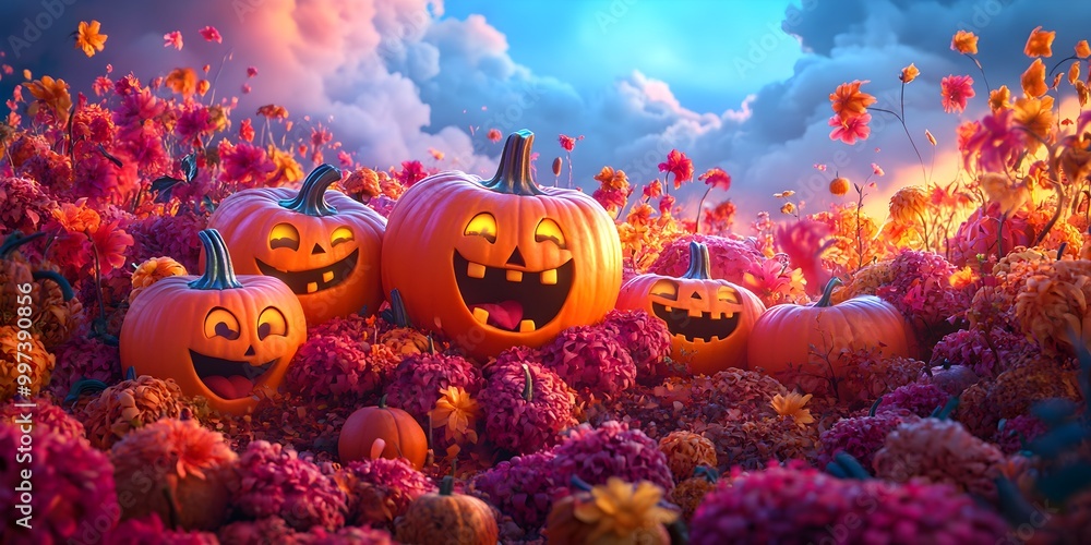 Naklejka premium Halloween party pumpkins, a whimsical, cute and glamorous life, colorful, happy, cute, empty space in the middle