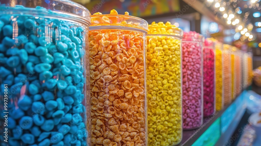 A row of colorful cereal containers with different flavors, super process food A row of colorful cereal containers with different flavors, super process food
