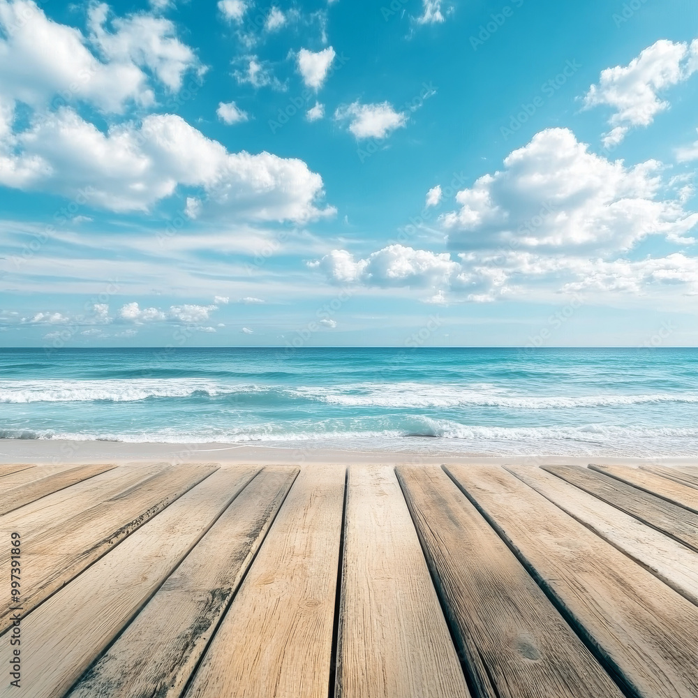 serene view of wooden deck overlooking tranquil beach and ocean, with fluffy clouds scattered across bright blue sky. scene evokes sense of peace and relaxation serene view of wooden deck overlooking tranquil beach and ocean, with fluffy clouds scattered across bright blue sky. scene evokes sense of peace and relaxation