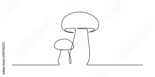 Mushroom in one continuous line drawing. Nature food in simple linear style. Edible autumn harvest in editable stroke. Doodle monoline vector illustration