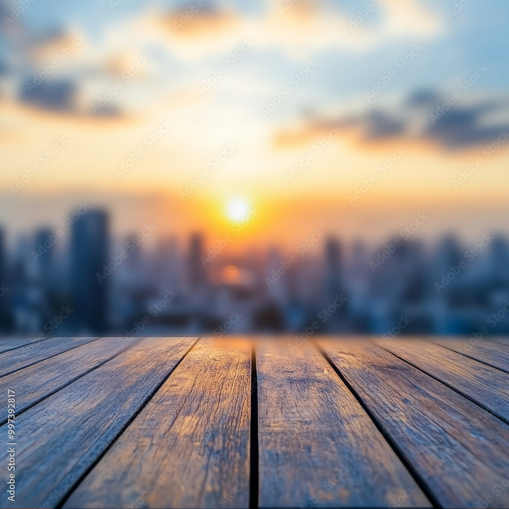 wooden table with detailed surface is set against blurred cityscape at sunset, creating serene and inviting atmosphere. warm colors of sky enhance beauty of scene wooden table with detailed surface is set against blurred cityscape at sunset, creating serene and inviting atmosphere. warm colors of sky enhance beauty of scene
