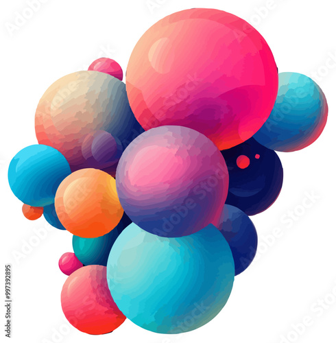 2D and 3D overlapping spheres in bright neon colors, creating sense of depth and motion. Vector illustration.