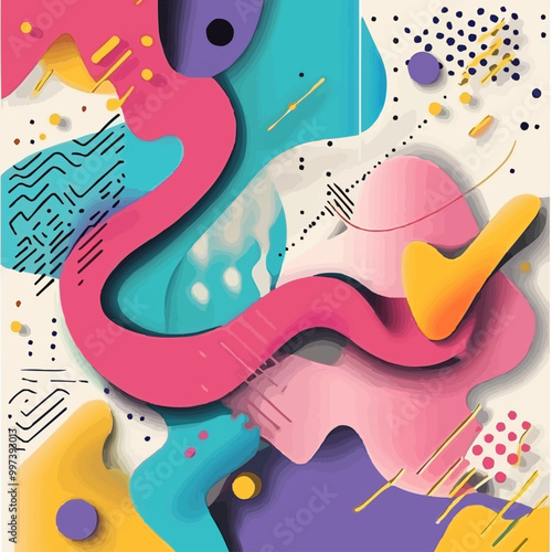 Abstract shapes and squiggles in bright 90s colors, with futuristic 3D layering and shadow effects. Vector illustration.